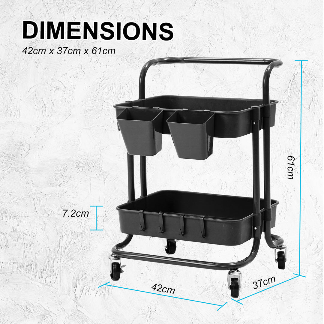 Trolley Cart Storage Utility Rack Shelf Organiser Swivel Kitchen 2 Tier BLACK