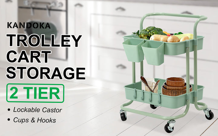 Trolley Cart Storage Utility Rack Shelf Organiser Swivel Kitchen 2 Tier GREEN