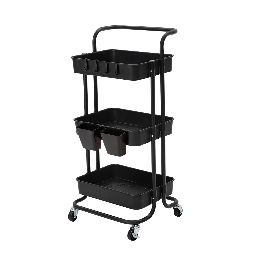 Trolley Cart Storage Utility Rack Shelf Organiser Swivel Kitchen 3 Tier BLACK