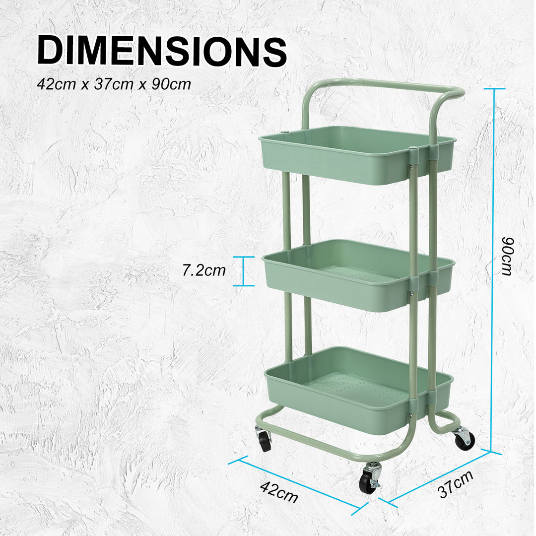 Trolley Cart Storage Utility Rack Shelf Organiser Swivel Kitchen 3 Tier GREEN