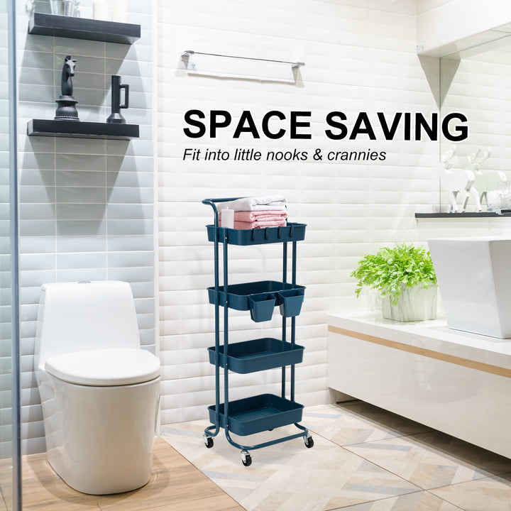 Trolley Cart Storage Utility Rack Shelf Organiser Swivel Kitchen 4 Tier BLUE