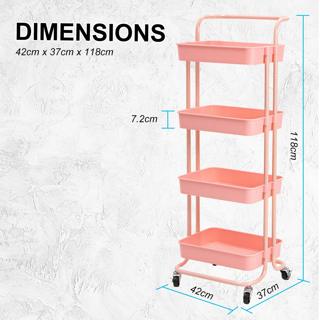 Trolley Cart Storage Utility Rack Shelf Organiser Swivel Kitchen 4 Tier PINK