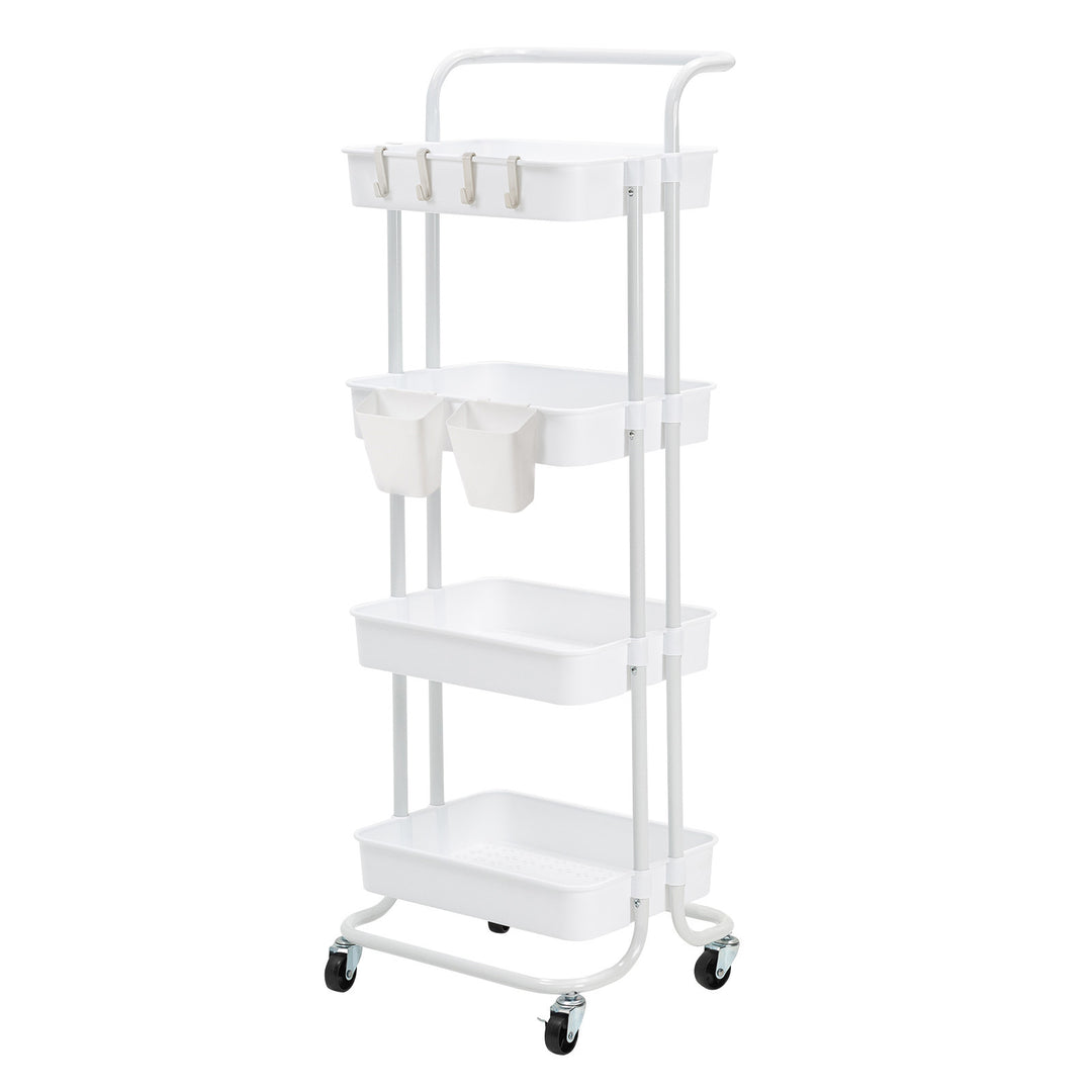 Trolley Cart Storage Utility Rack Shelf Organiser Swivel Kitchen 4 Tier WHITE