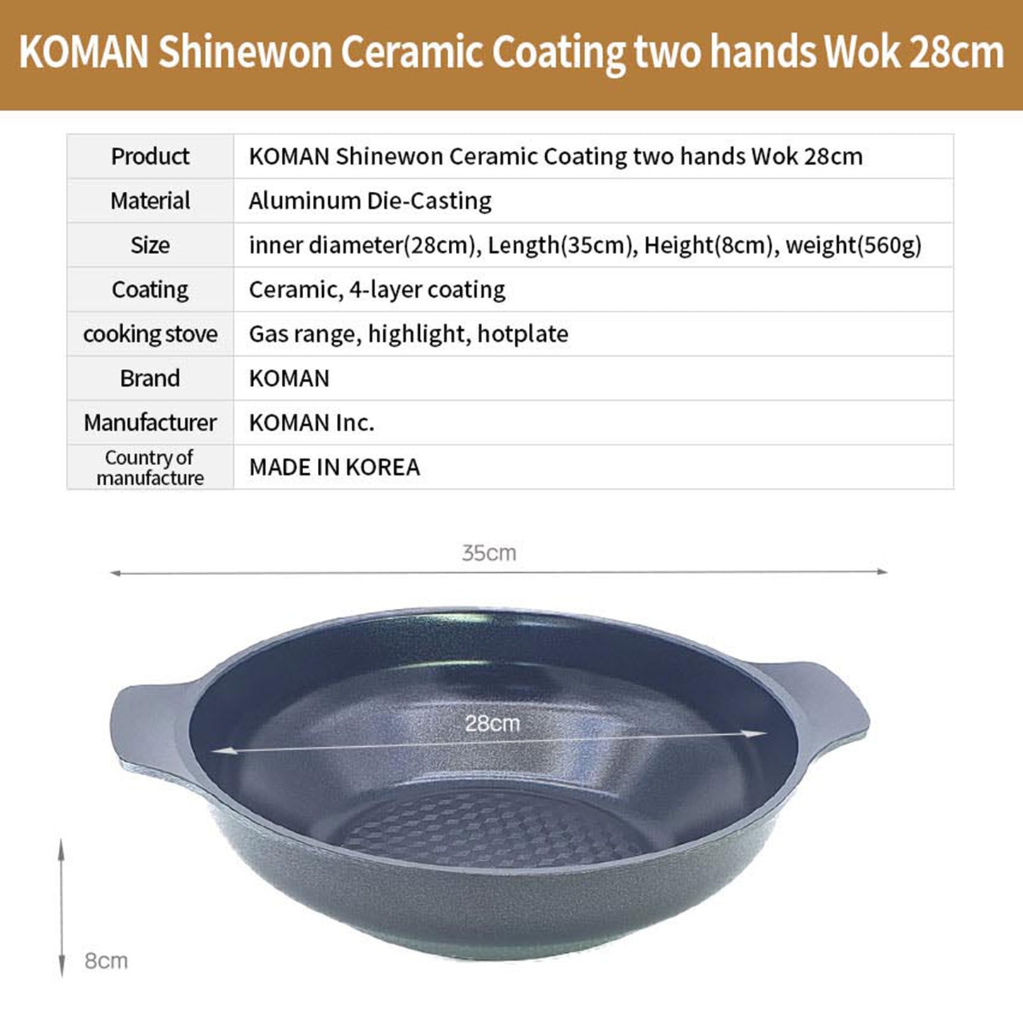 KOMAN Shinewon Two Hands Wok 28cm Ceramic Non-stick Titanium - BLACK