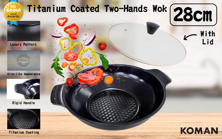 KOMAN Shinewon Two Hands Wok 28cm Ceramic Non-stick Titanium + Glass Lid - BLACK