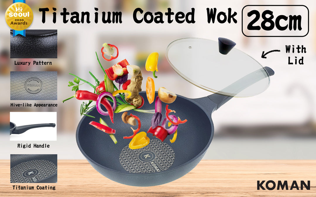 KOMAN Non-Stick Titanium Coating Wok Pan 28cm + Glass Lid