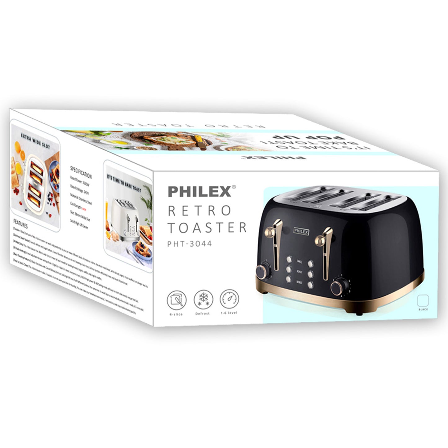 PHILEX 4-Slice Electric Toaster Bread Reheat Defrost Retro Retro BLACK