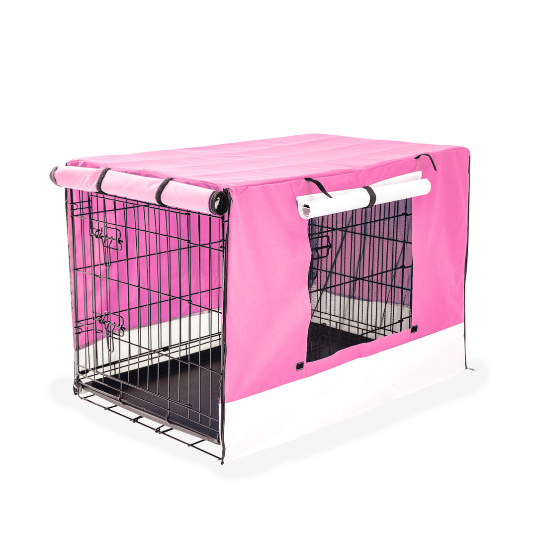 Wire Dog Cage Foldable Crate Kennel 30in with Tray + PINK Cover Combo