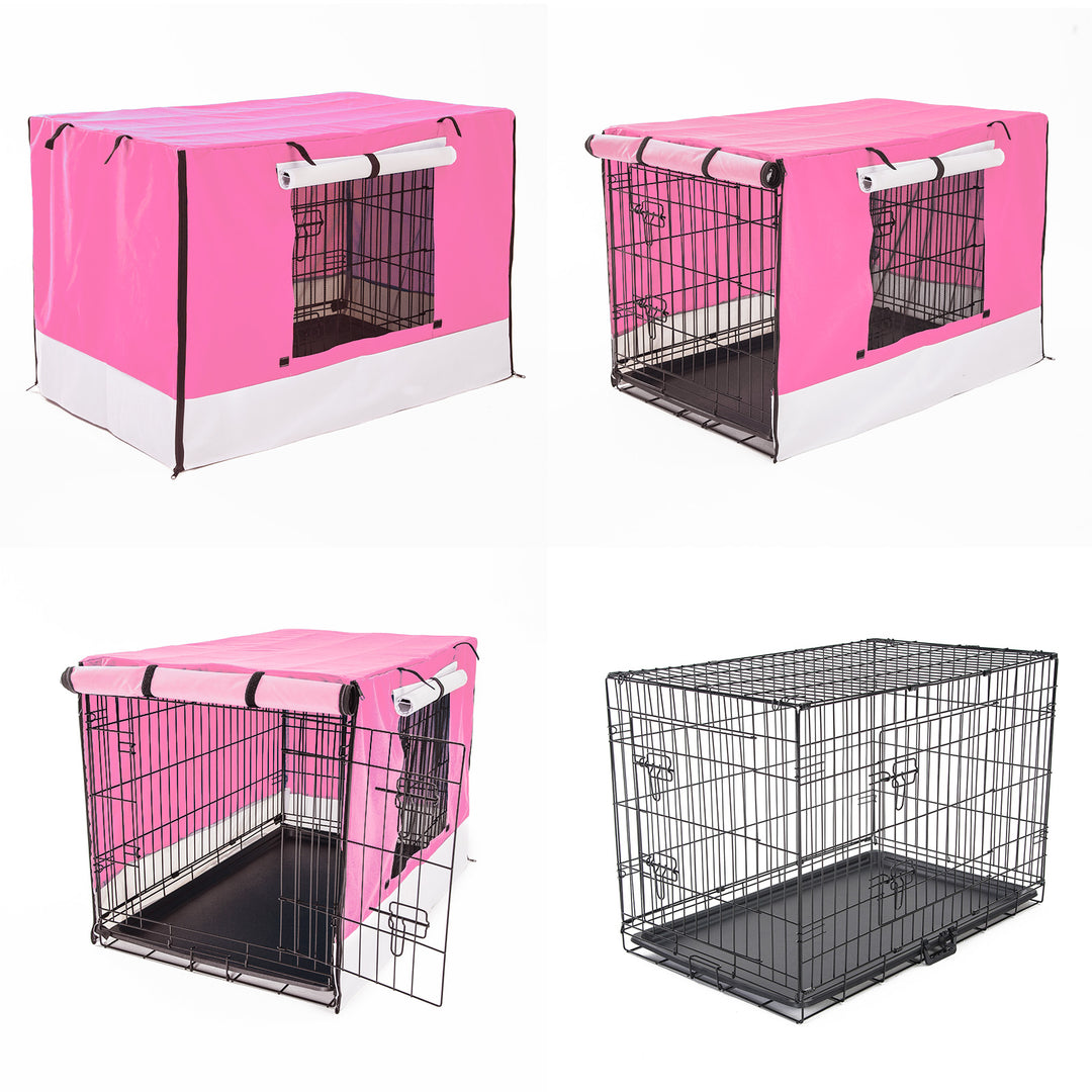 Wire Dog Cage Foldable Crate Kennel 30in with Tray + PINK Cover Combo