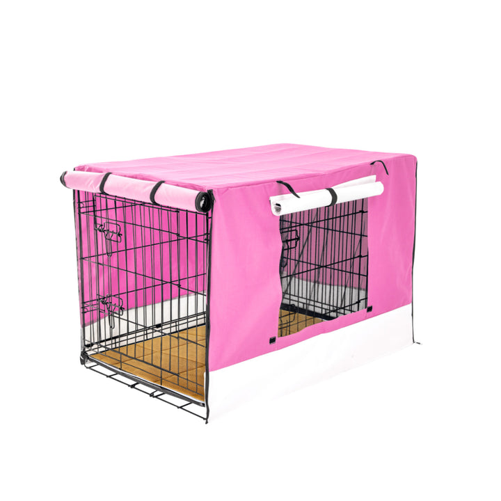 Wire Dog Cage Crate 24in with Tray + Cushion Mat + PINK Cover Combo