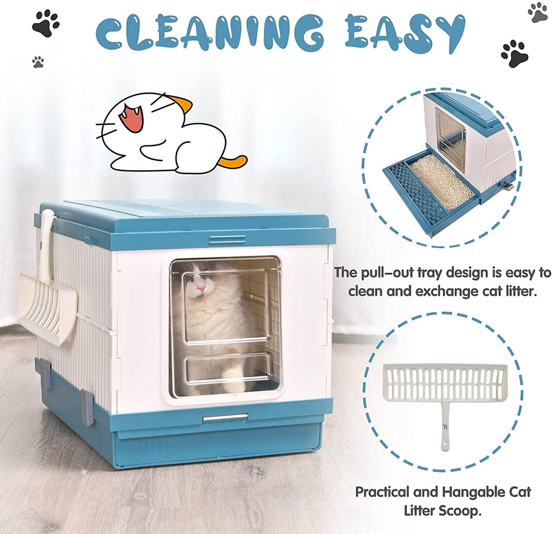 YES4PETS XL Portable Cat Toilet Litter Box Tray Foldable House with Handle and Scoop Blue