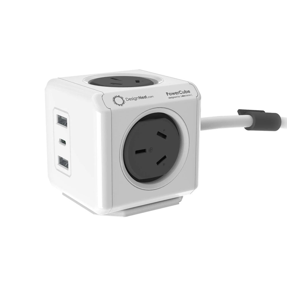 Allocacoc PowerCube Extended 4 Outlets 2 USB-A + 1 USB-C PD 20W with Surge 1.5M Grey (11407-AUEUAC)