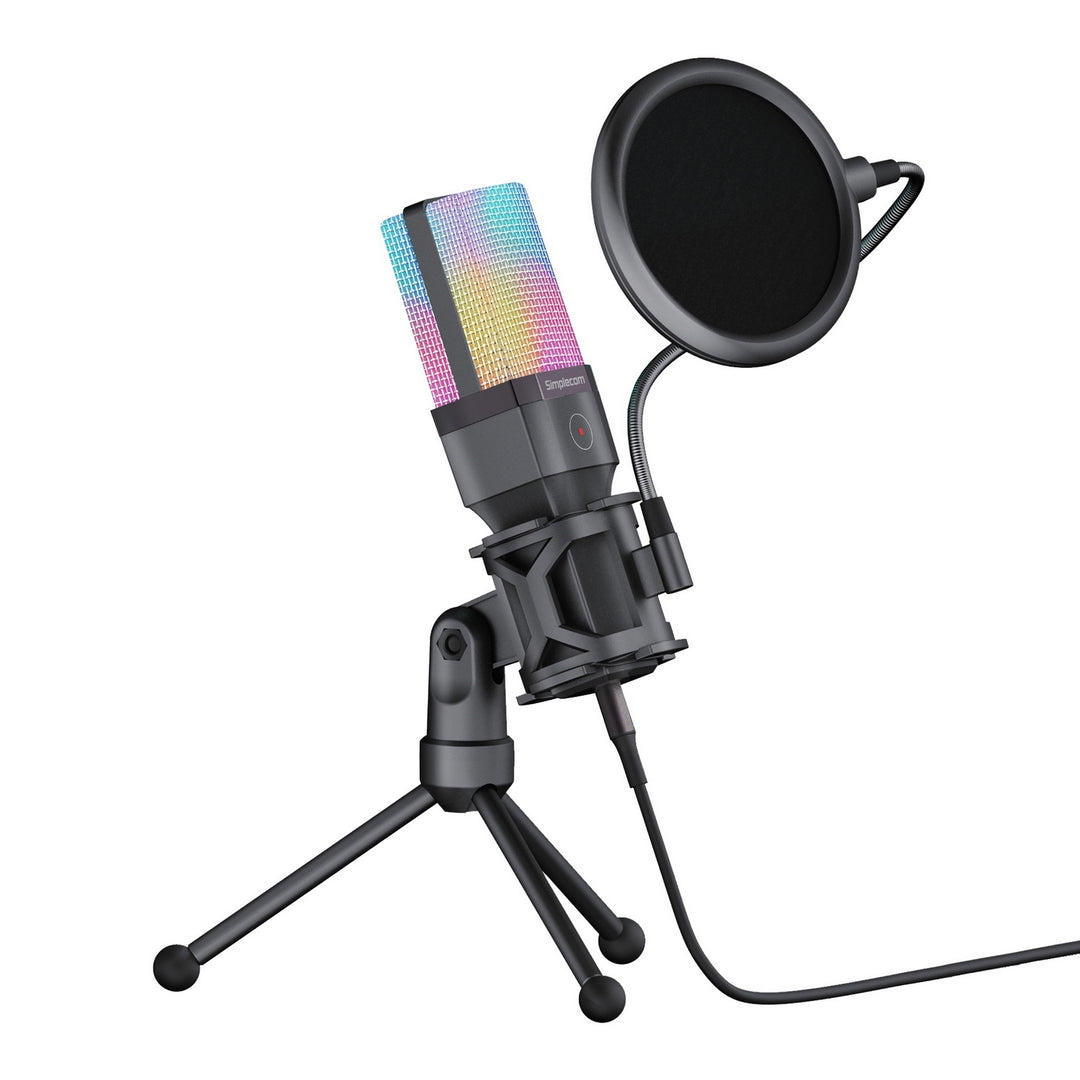 Simplecom UM650 USB Cardioid Condenser Microphone Gaming RGB Lights with Tripod & Pop Filter