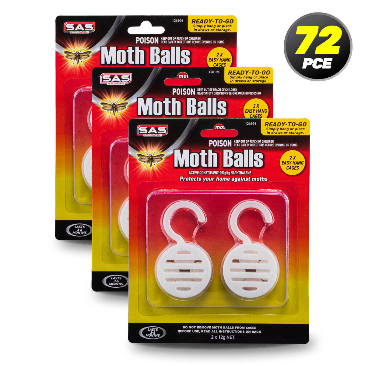 SAS Pest Control 72PCE Mothballs Hang Hook Casing Fast Action Effective 12g