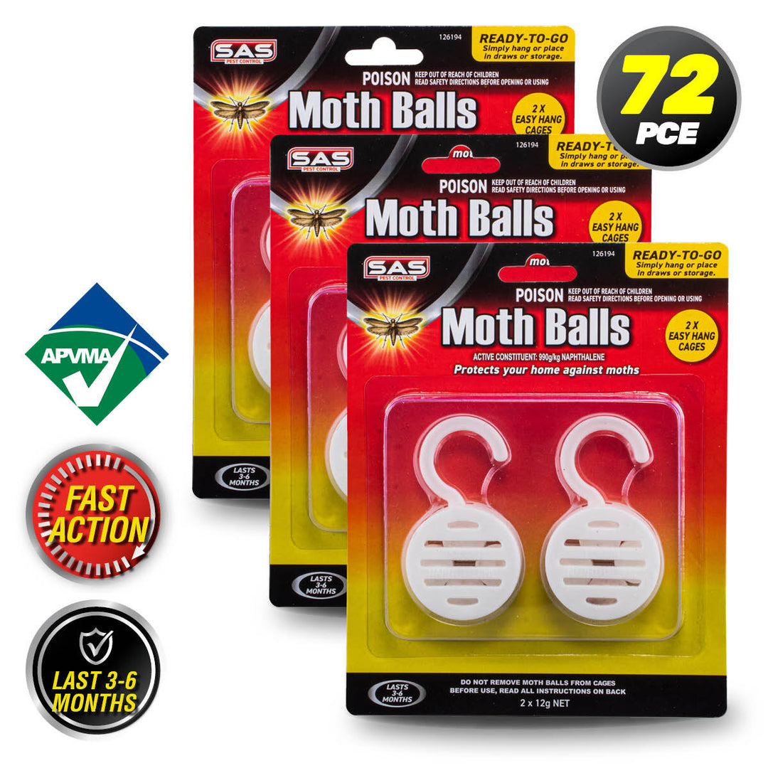 SAS Pest Control 72PCE Mothballs Hang Hook Casing Fast Action Effective 12g