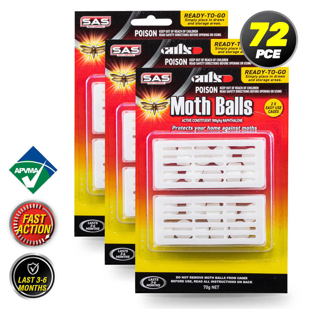 SAS Pest Control 72PCE Mothballs In Plastic Casing Fast Acting 35g