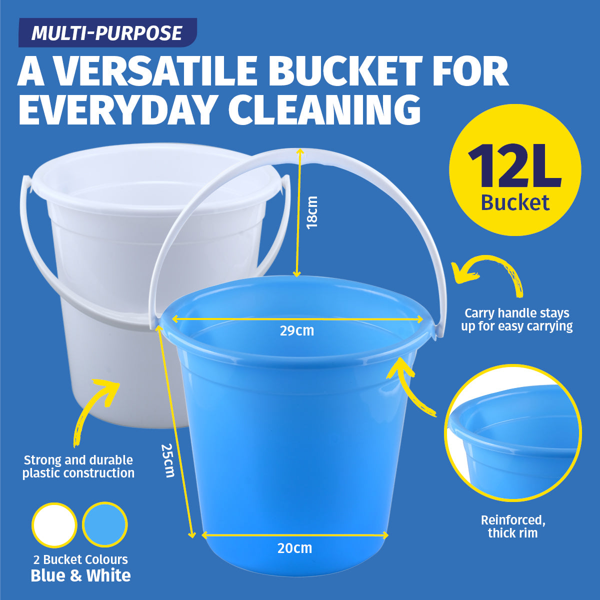Xtra Kleen 12PCE 12L Household Bucket Multipurpose Stackable 25 x 29cm