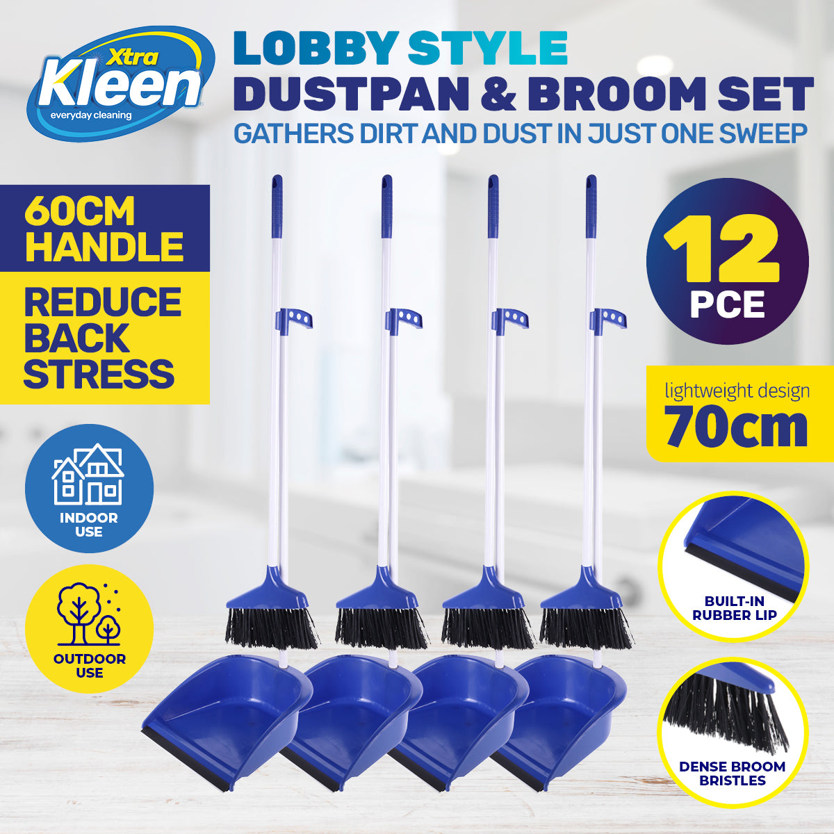 Xtra Kleen 12PCE Long Handled Dustpan & Broom Set Snap Lock Broom Holder 60cm