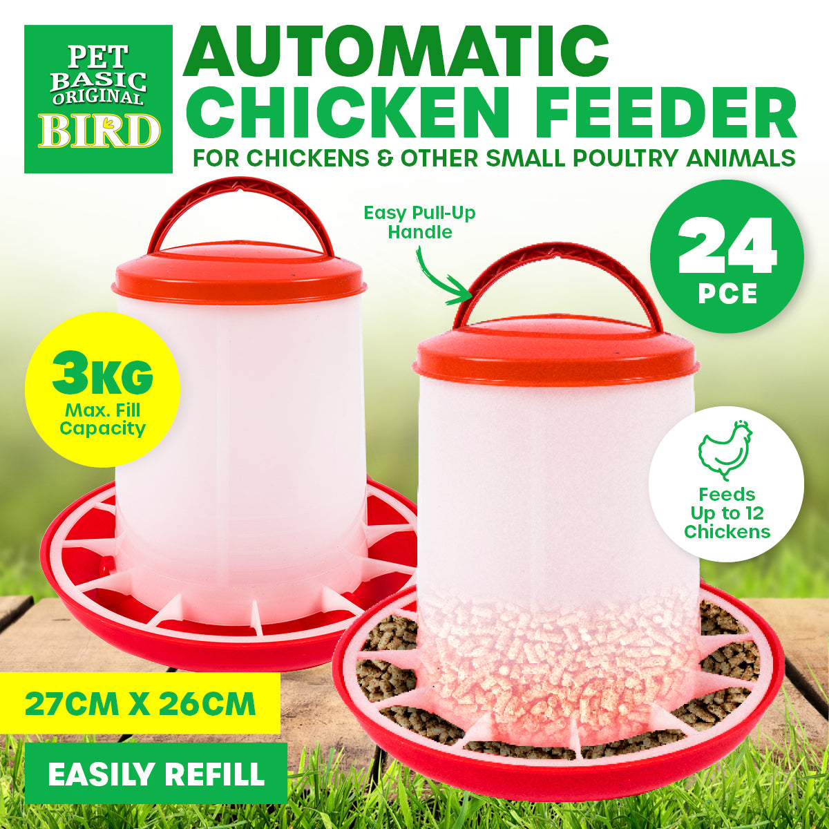 Pet Basic 24PCE Poultry Feeder/Pellet Dispenser 3KG Carry Handle 27 x 26cm