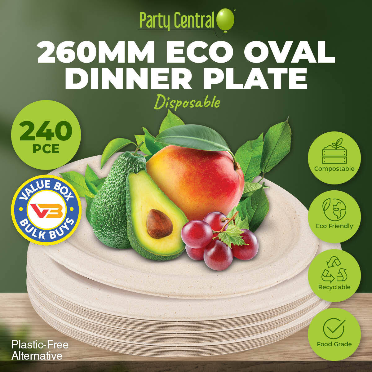 Party Central 240PCE Dinner Plates Oval Eco-Friendly Recyclable Durable 26cm
