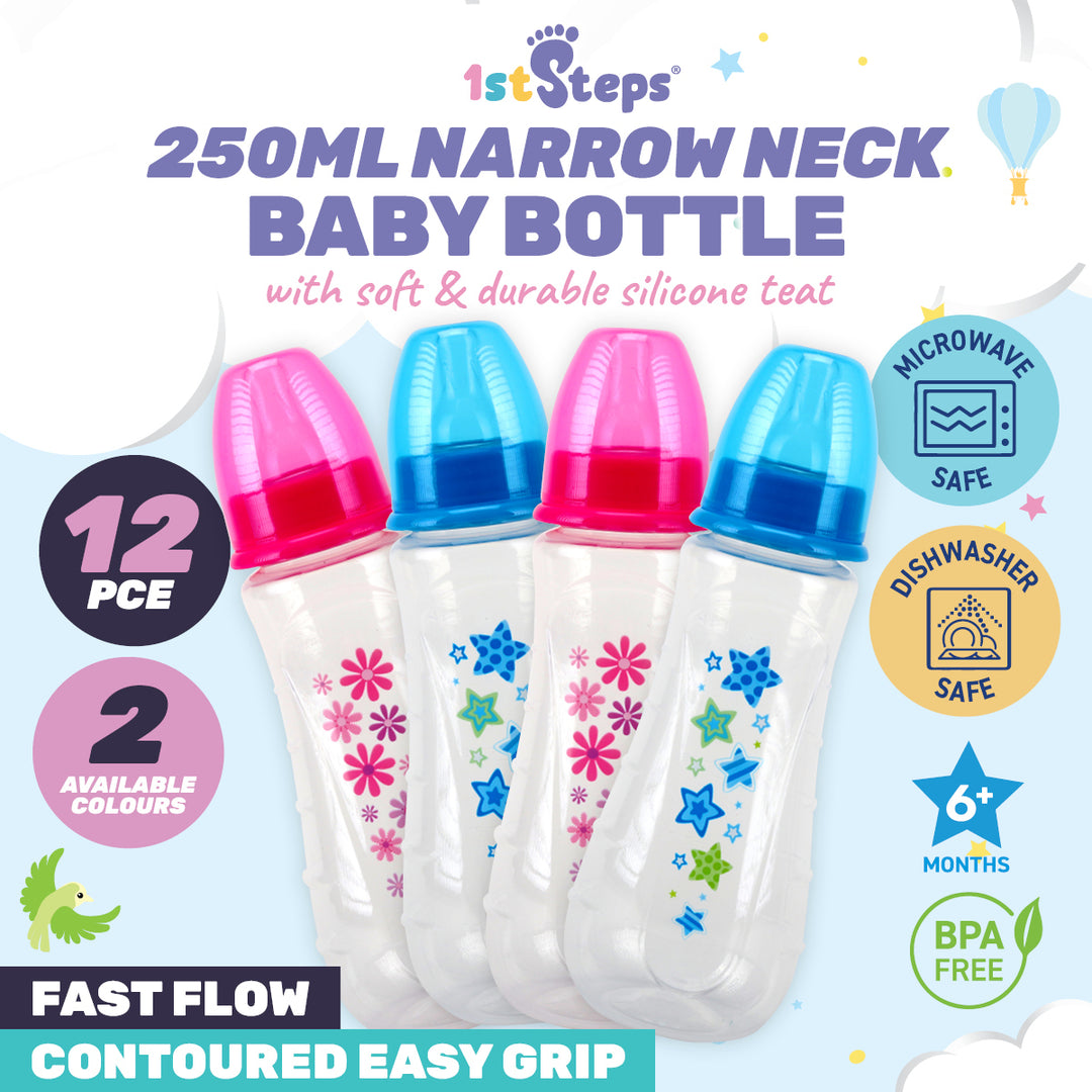 1st Steps 12PCE 250ml Baby Bottles Narrow Neck Fast Flow Teat BPA Free