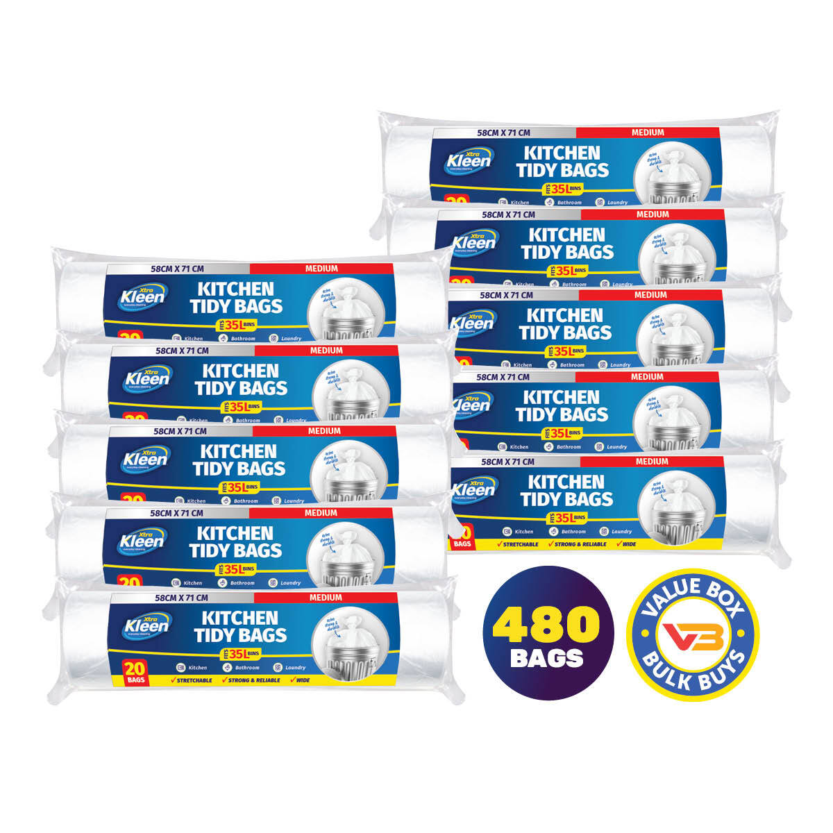 Xtra Kleen 480PCE Kitchen Tidy Garbage Bag Liners 58 x 71cm Heavy Duty 35L