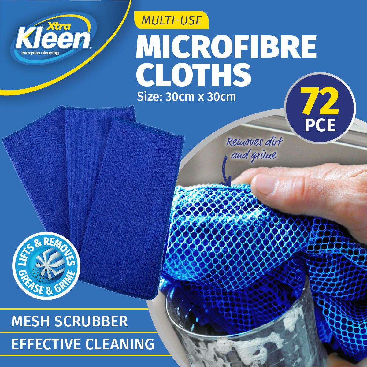 Xtra Kleen 72PCE Microfibre Cloths Built-In Mesh Scrubber Absorbent 30cm