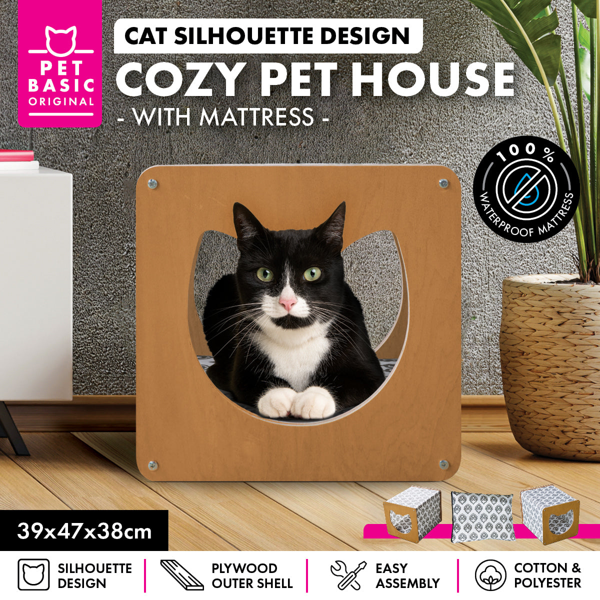 Pet Basic Cat Silhouette Cozy House Waterproof Mattress 39 x 47 x 38cm