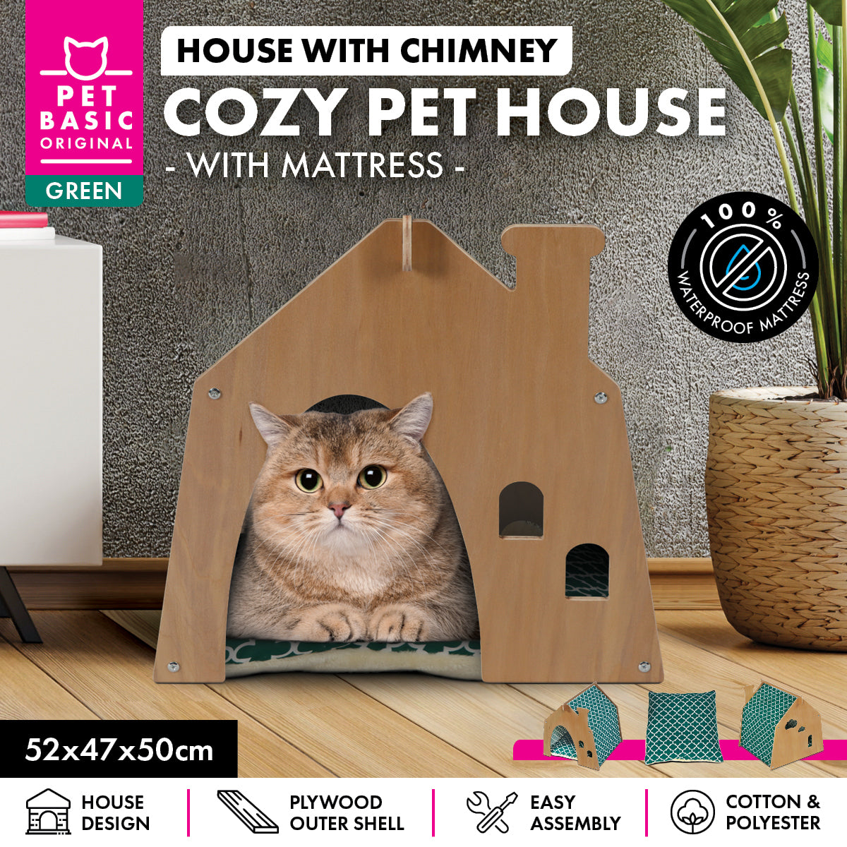 Pet Basic Chimney Cozy Green Cat House Waterproof Mattress 52 x 47cm x 50cm