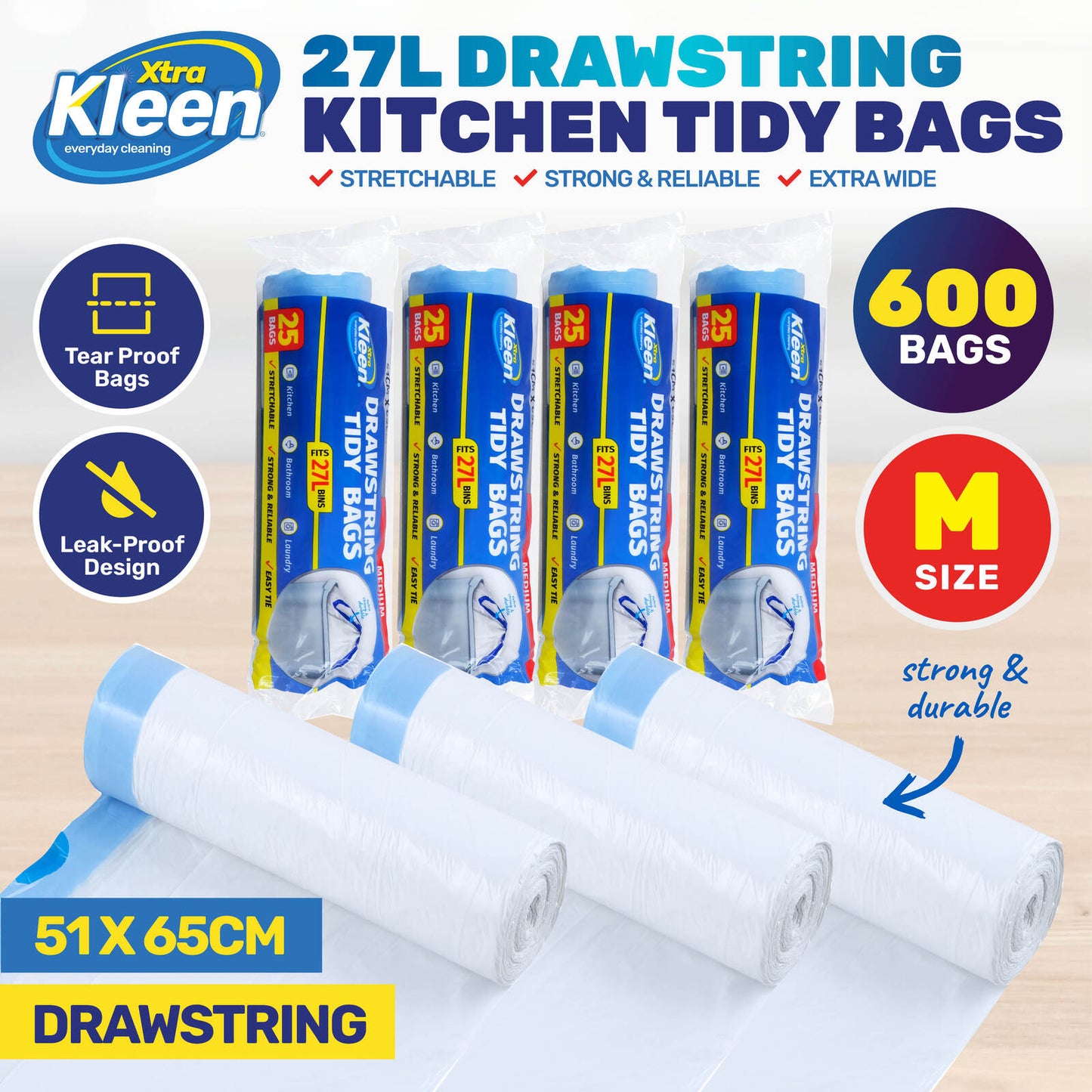 Xtra Kleen 600PCE Kitchen Tidy 25L Drawstring Garbage Bags Medium 51 x 65cm