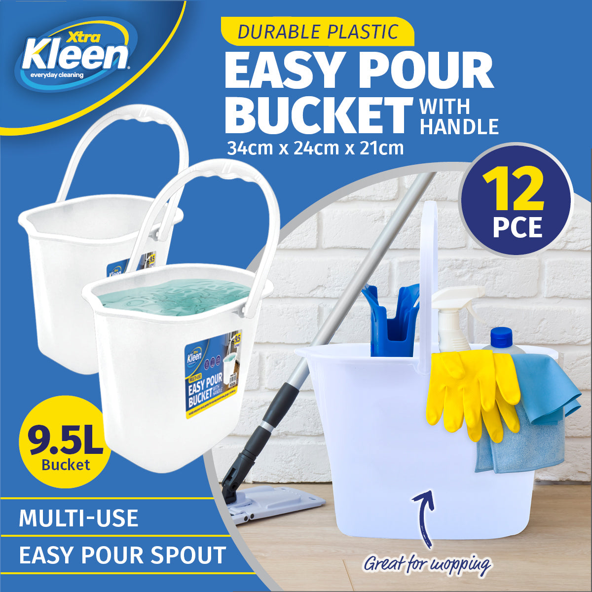 Xtra Kleen 12PCE 9.5L Buckets Easy Pour Spout Strong Durable 23.5 x 35cm