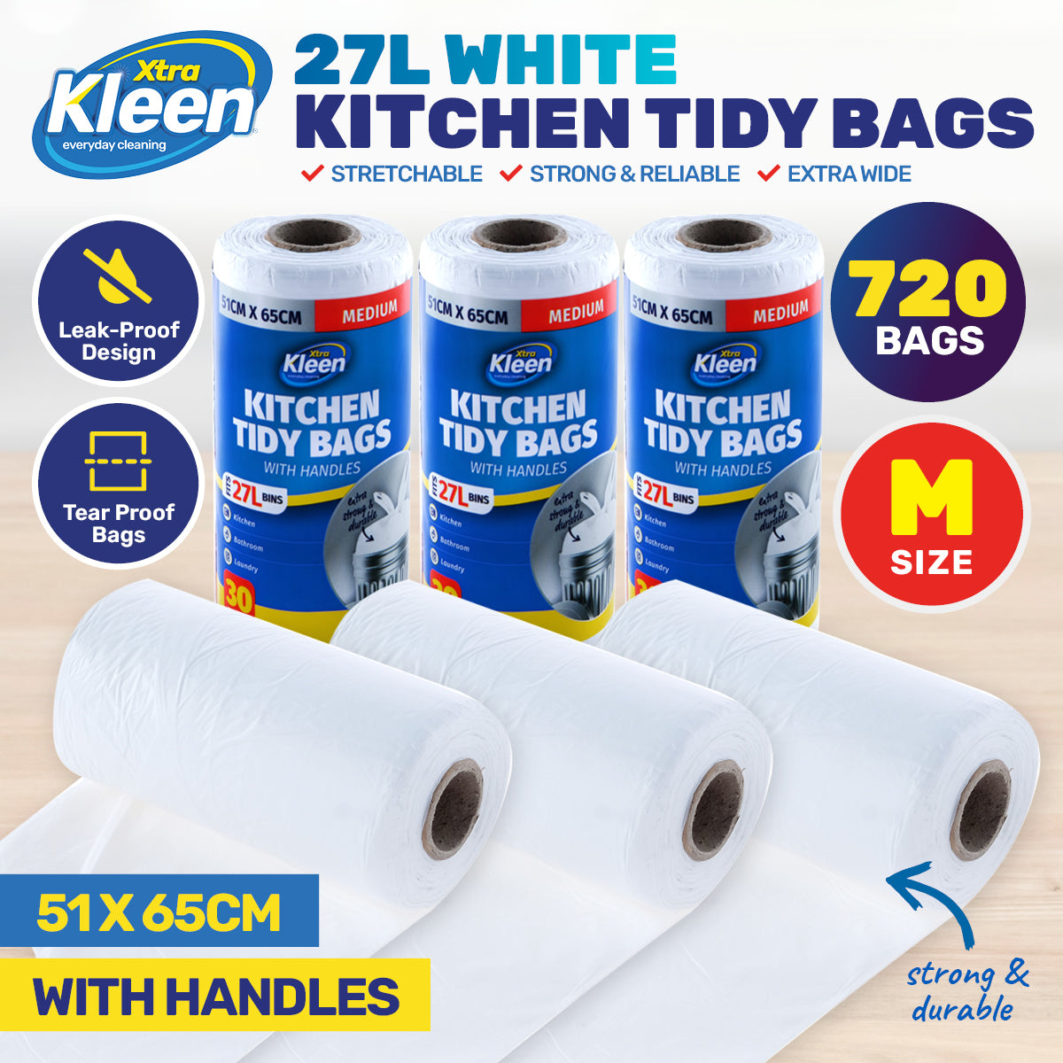 Xtra Kleen 720PCE 27L Kitchen Tidy Bags White Medium Tie Handles 51 x 65cm