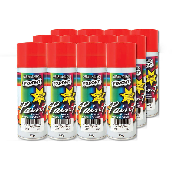 Australian Export 12PK 250gm Aerosol Spray Paint Cans  [Colour: Red - Gloss]