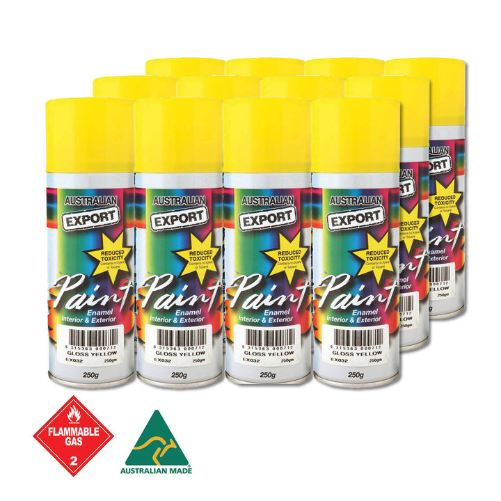 Australian Export 12PK 250gm Aerosol Spray Paint Cans  [Colour: Yellow Gloss]