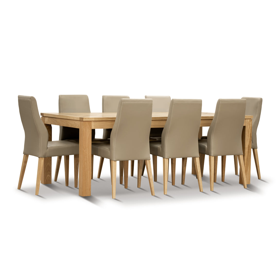 Rosemallow 9pc Dining Set 210cm Table 8 Silver PU Chair Solid Messmate Timber