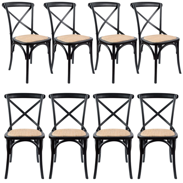 Aster Crossback Dining Chair Set of 8 Solid Birch Timber Wood Ratan Seat - Black