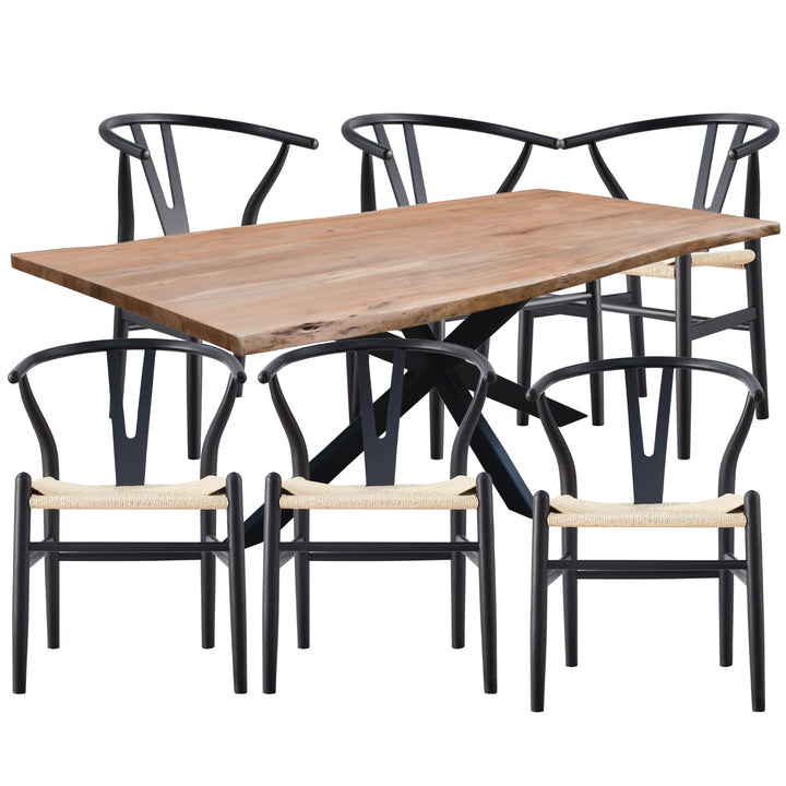 Lantana 7pc 210cm Dining Table 6 Black Wishbone Chair Set Live Edge Acacia Wood