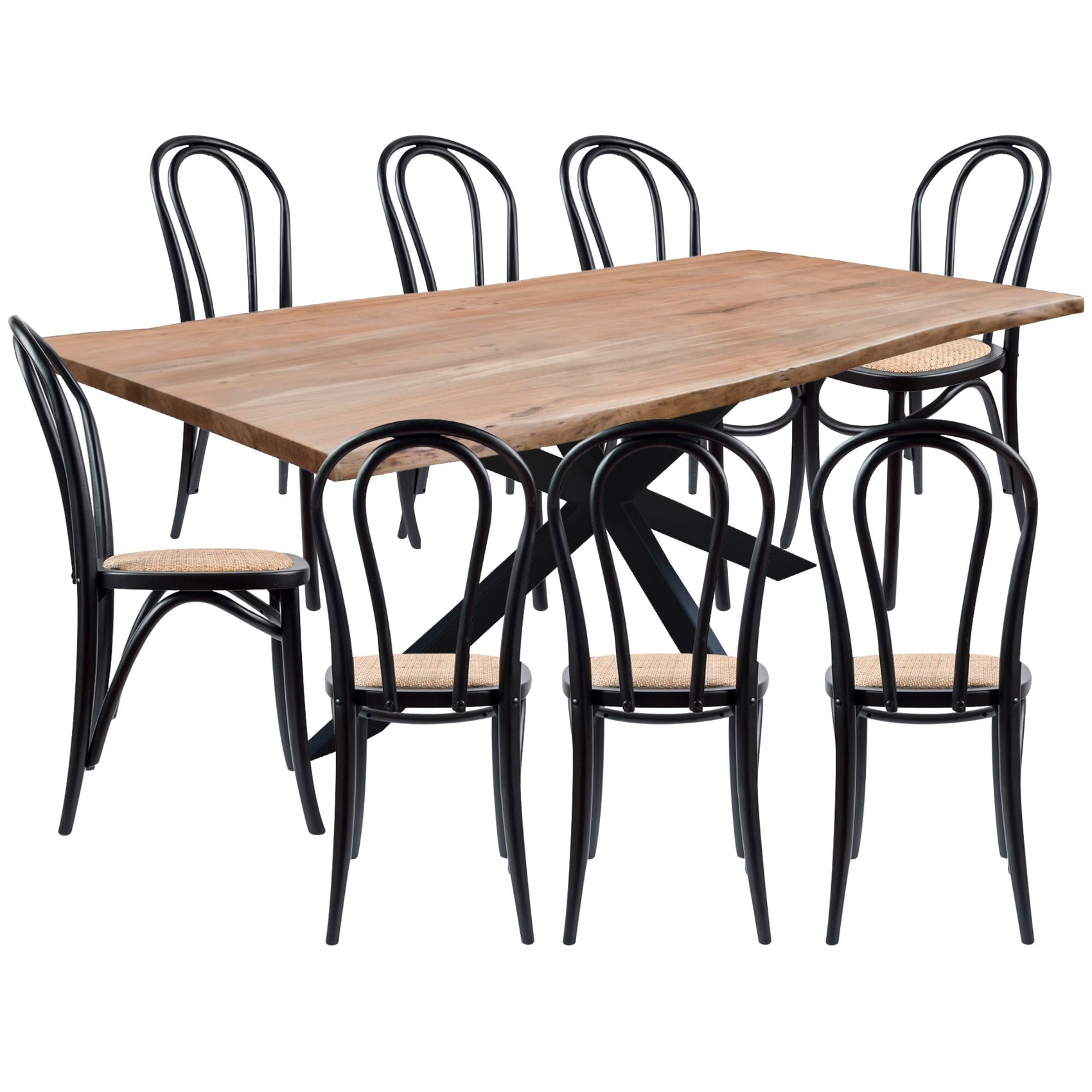 Lantana 9pc 240cm Dining Table 8 Black Arched Back Chair Set Live Edge Acacia