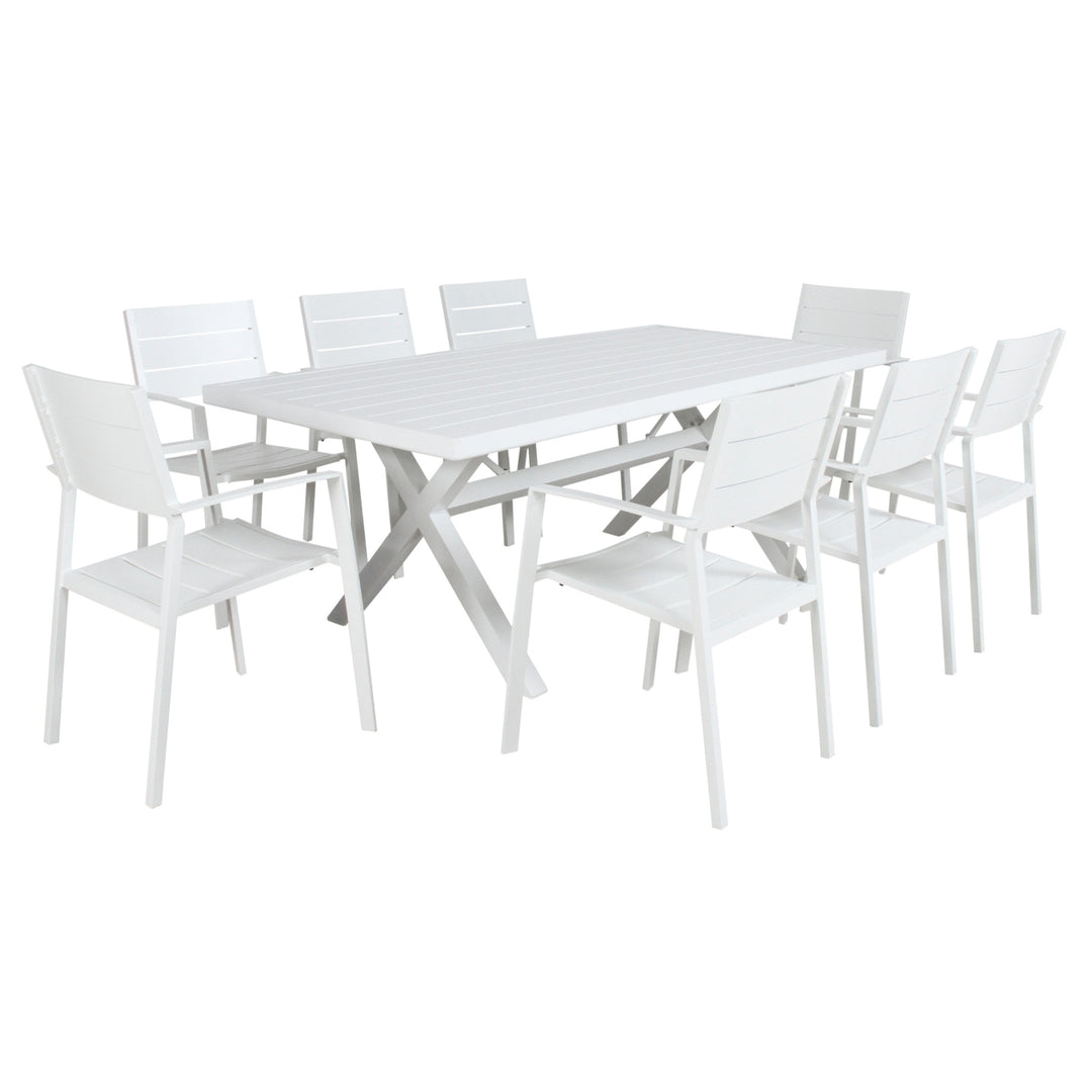 Percy 9pc 200cm Outdoor Trestle Dining Table Chair Set Aluminium Frame White