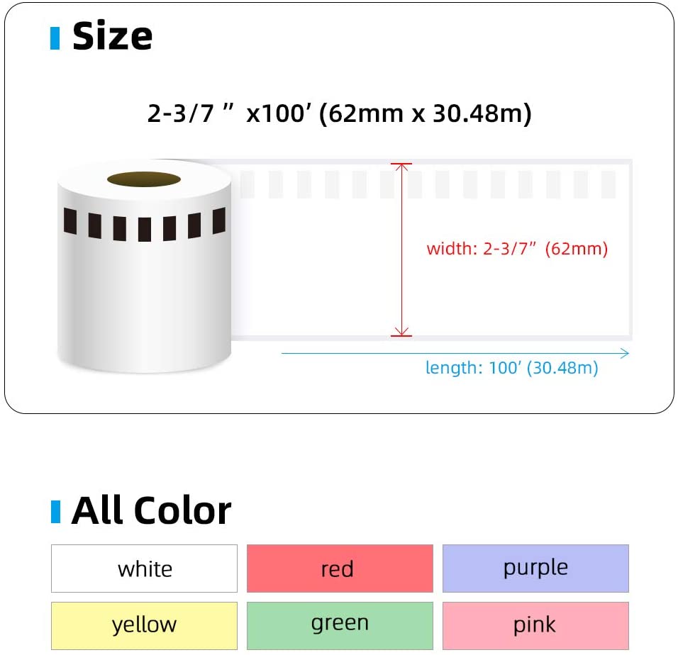 6x Print Label for Brother DK22205 Continuous 62mm*30m