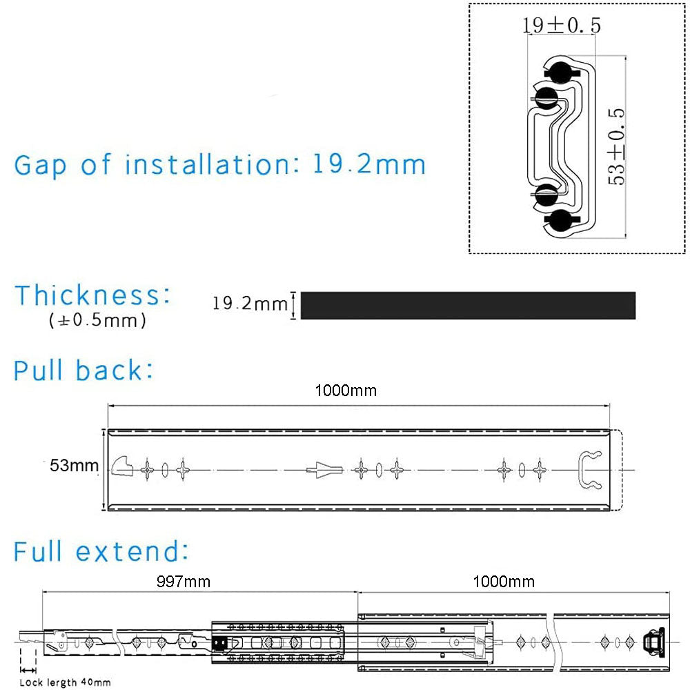 40in Pair 1000 - 2000mm 150KG Capacity Heavy Duty Trailer Drawer Slides Rails Runners Locking