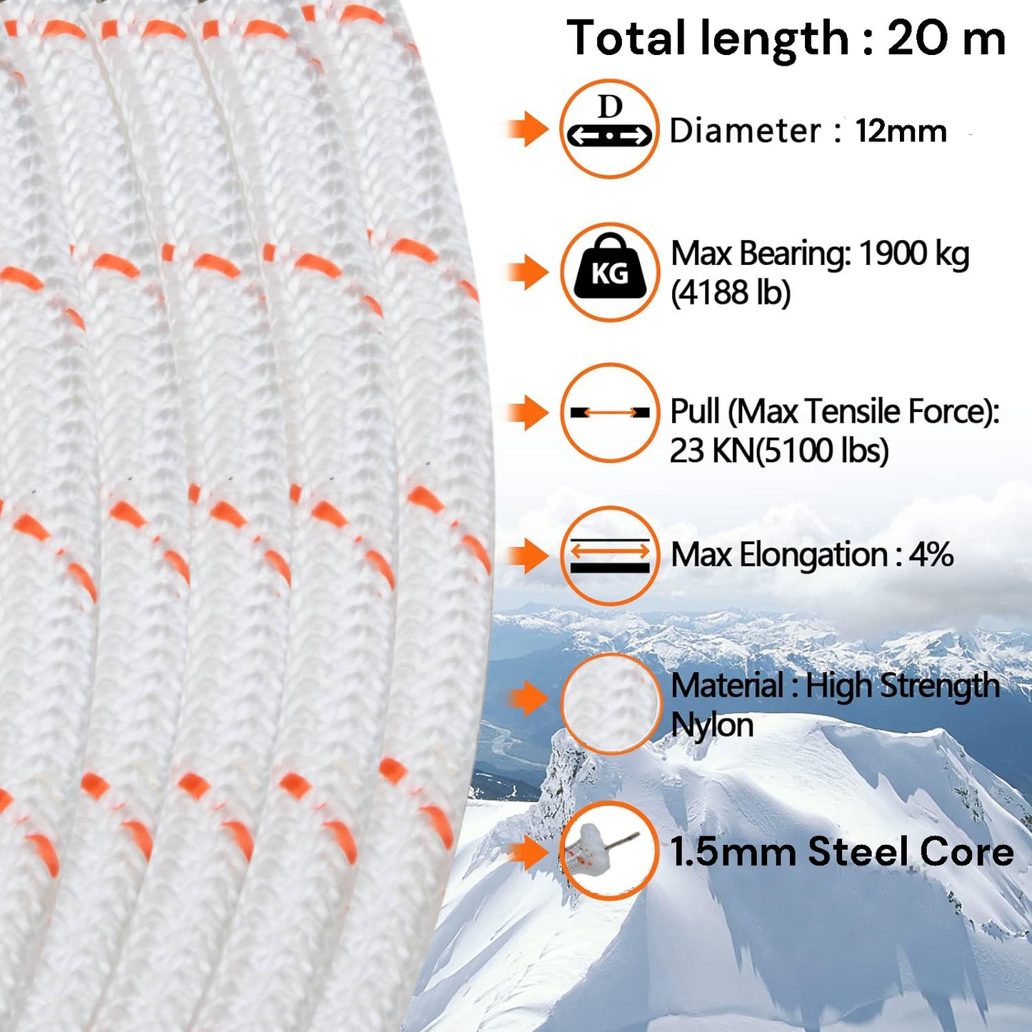 12mm 20m Safety Climbing Rope Nylon Rock Static Outdoor Boat Anchor Marine Rope Dock Lines Rope