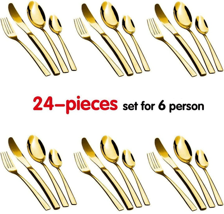 24-Piece Stainless Steel Gold Set, Knife Fork Spoon Flatware Set Cutlery Set, Mirror Finish