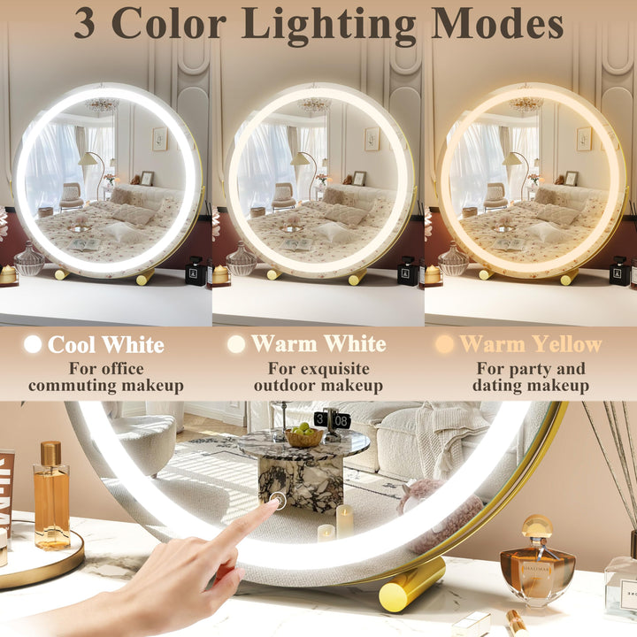 40cm Large Makeup Desk Mirror Lights Round LED Makeup Make up Mirror Bedroom Tabletop Touch Control Gold