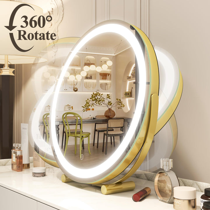 40cm Large Makeup Desk Mirror Lights Round LED Makeup Make up Mirror Bedroom Tabletop Touch Control Gold