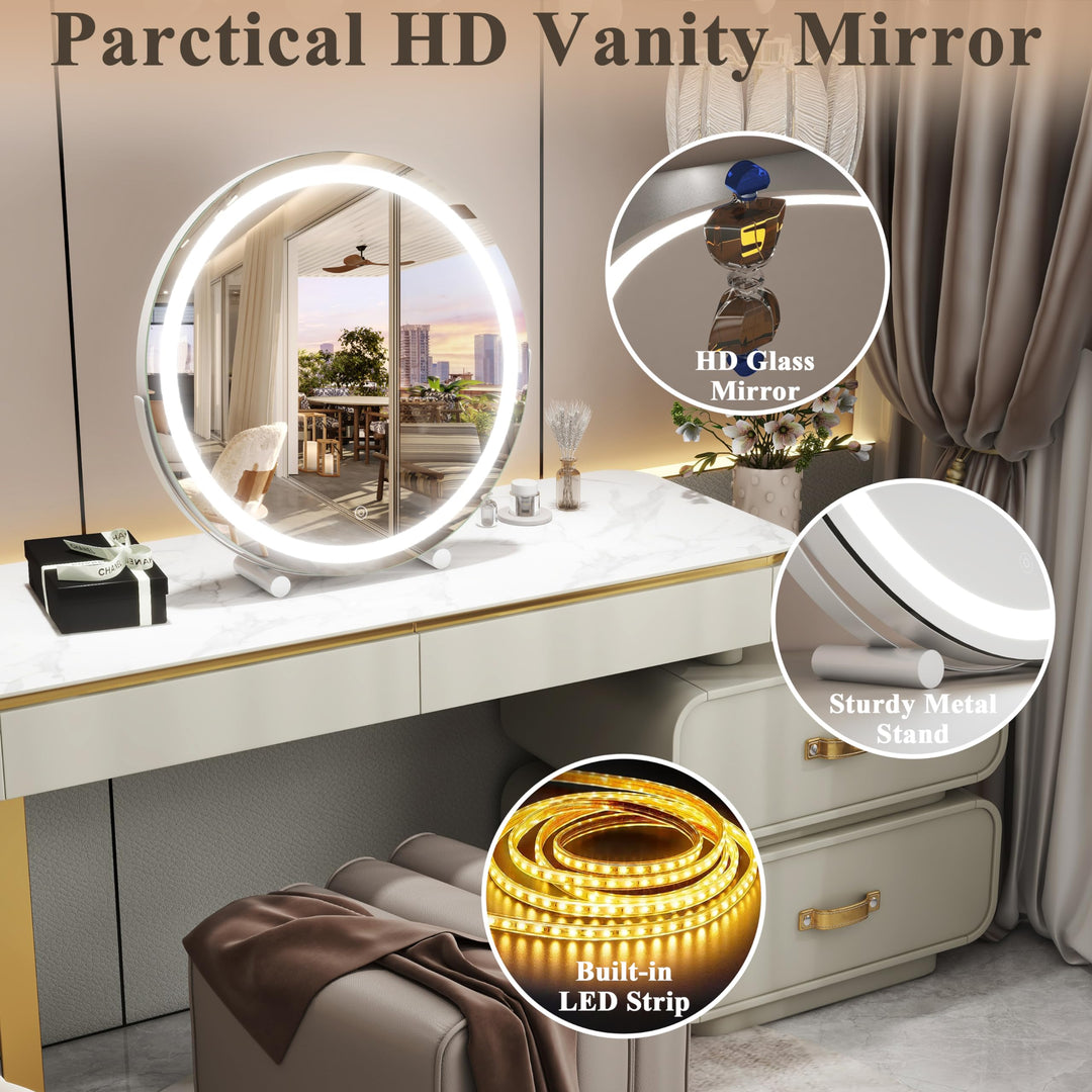 40cm Large Makeup Desk Mirror Lights Round LED Makeup Make up Mirror Bedroom Tabletop Touch Control White