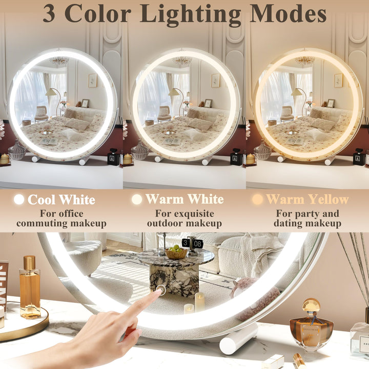 40cm Large Makeup Desk Mirror Lights Round LED Makeup Make up Mirror Bedroom Tabletop Touch Control White