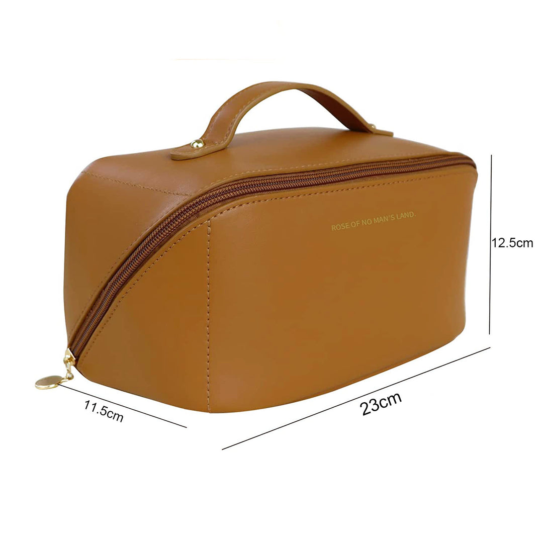 Large Travel Cosmetic Bag Portable Make up Makeup Bag Waterproof PU Leather Storage Brown