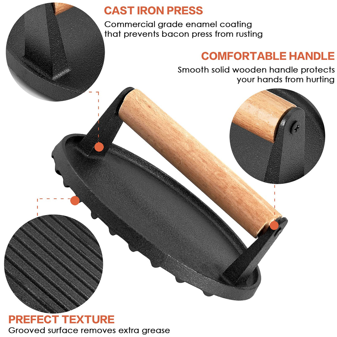 Heavy Duty Round / Rectangle Cast Iron Grill Burger Press Pre-Seasoned Steak Griddle BBQ Grilling