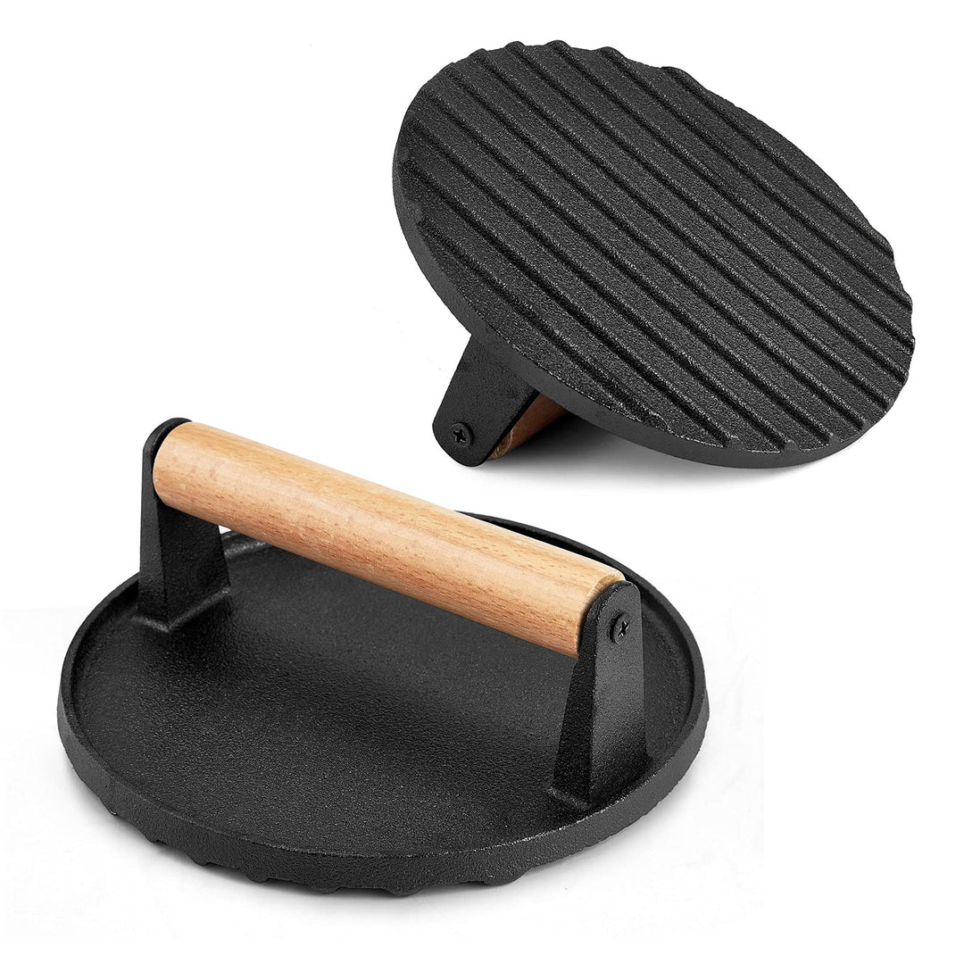 Heavy Duty Round / Rectangle Cast Iron Grill Burger Press Pre-Seasoned Steak Griddle BBQ Grilling